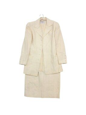 Chanel Suit Vintage Linen 100% Skirt Jacket Set CC Logo Lining Off White